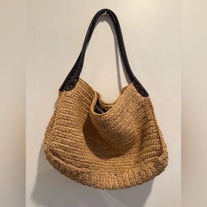 J. JILL Brown Straw W/Leather Straps Tote Shoulder Carryall Handbag large.